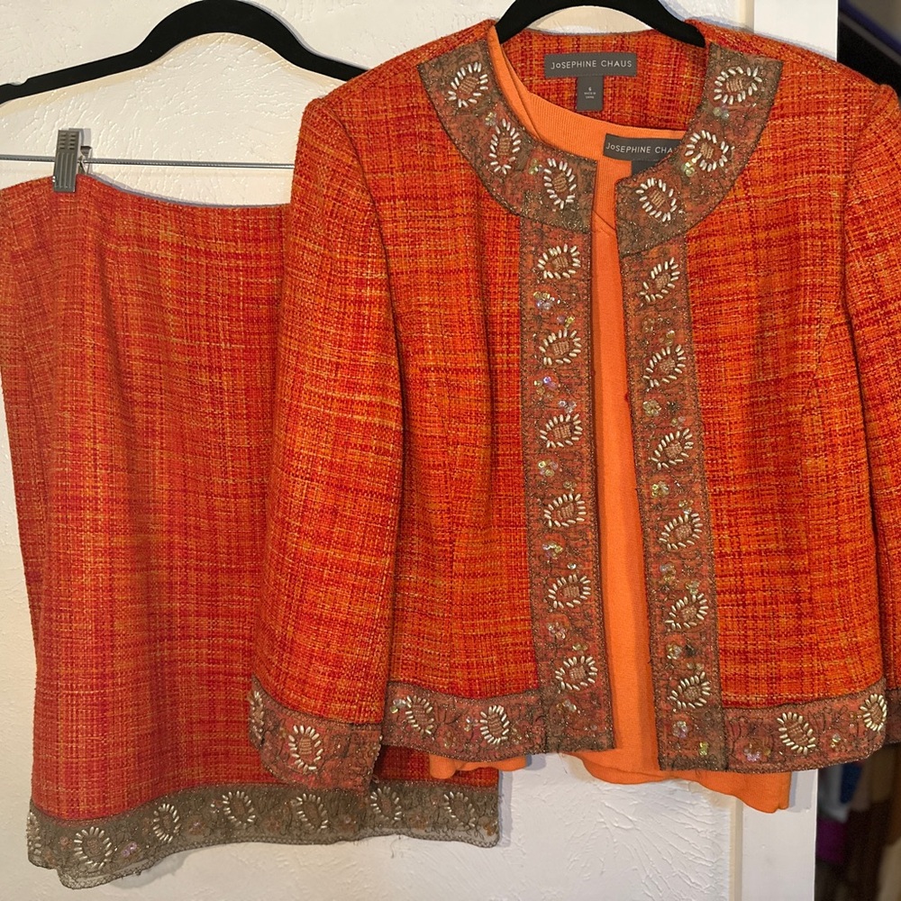 Josephine Chaus size 6 Tweed orange 3 piece suit skirt set in 100% silk